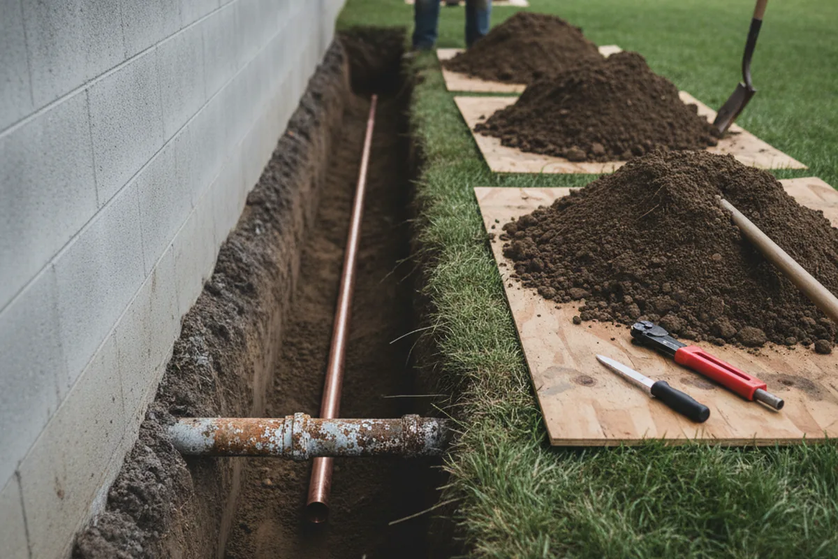 Excavated water line trench during Water Softener Installation in King City